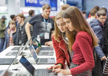 KYIV, UKRAINE - APRIL 13, 2019: People visit Acer, a Taiwan based international computer company booth during CEE 2019, largest electronics trade show of Ukraine in Tetra Pack EC.