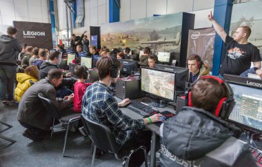 KYIV, UKRAINE - APRIL 13, 2019: Gamers participate in World of Tanks tournament in game zone during CEE 2019, the largest consumer electronics trade show of Ukraine in Tetra Pack EC.
