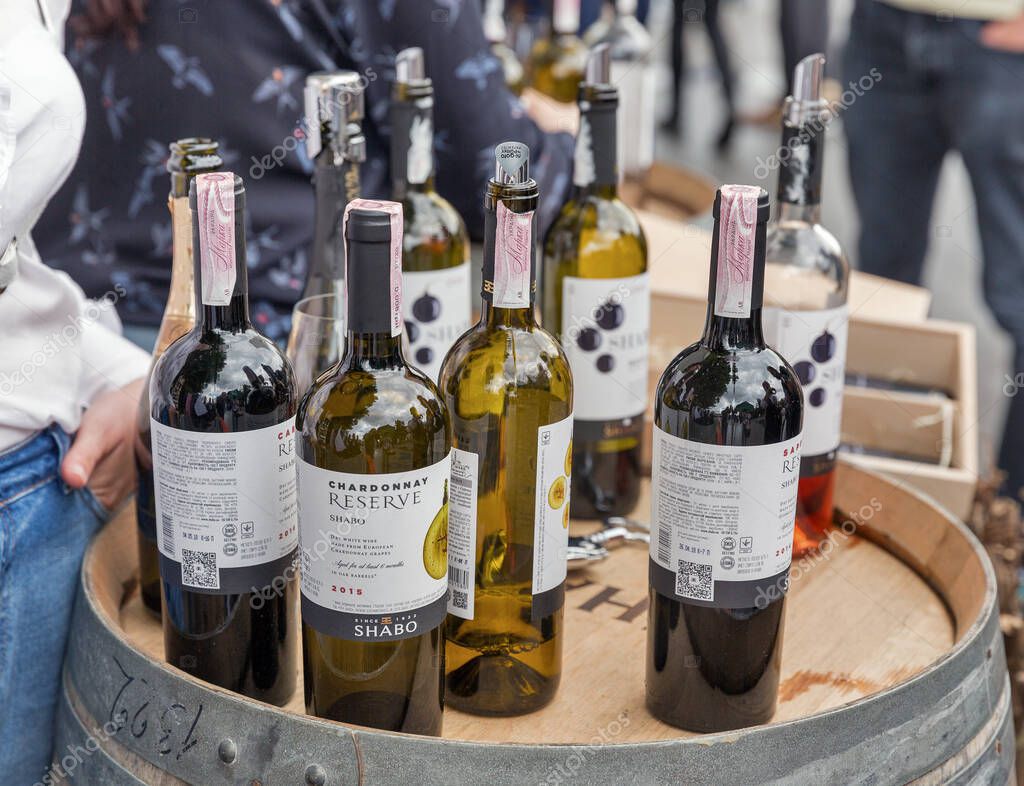 KYIV, UKRAINE - MAY 19, 2018: Shabo Ukrainian winery booth during Food and Wine Festival in National Expocenter, a permanent multi-purpose exhibition complex.