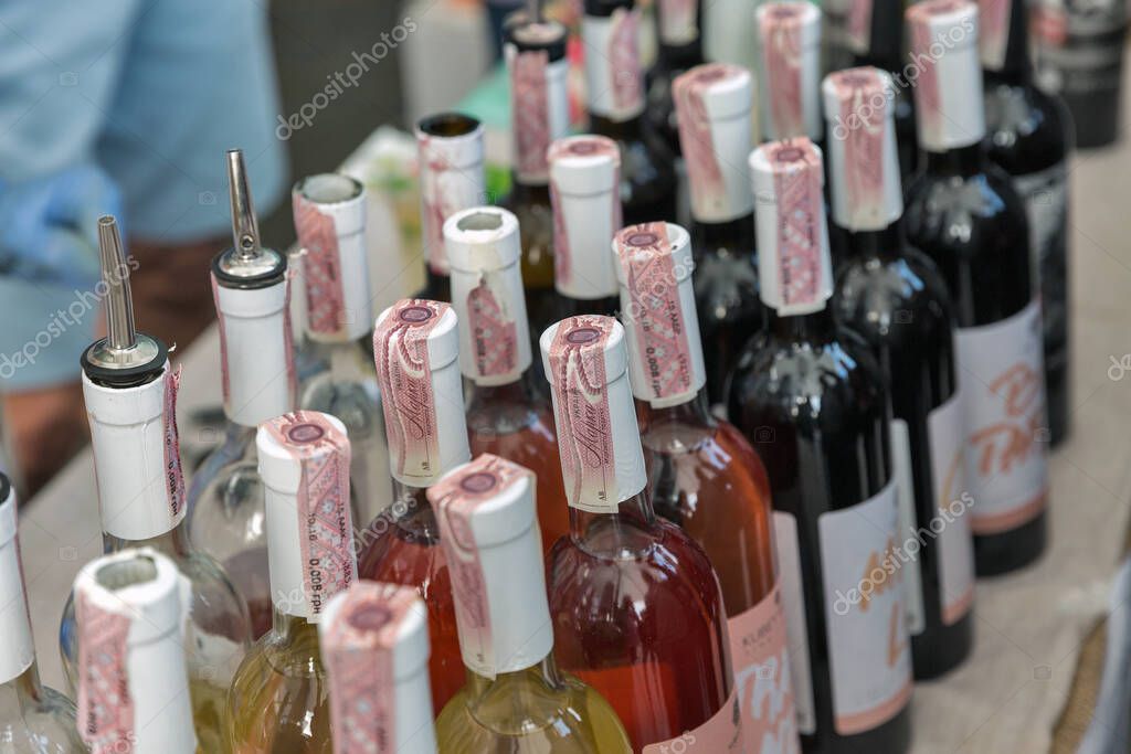 KYIV, UKRAINE - MAY 19, 2018: Ukrainian wine booth during Food and Wine Festival in National Expocenter, a permanent multi-purpose exhibition complex.
