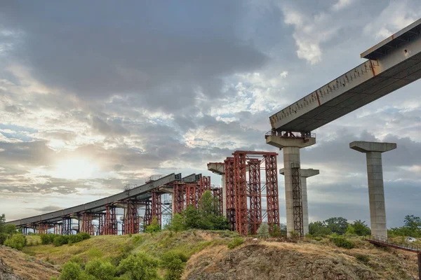 Construindo Ponte Preobrazhensky Através Rio Dnieper Para Ilha Khortitsa Cidade — Fotografia de Stock