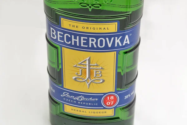 Kyiv Ukraine December 2019 Czech Herbal Bitter Becherovka Bottle Closeup — Stock Photo, Image