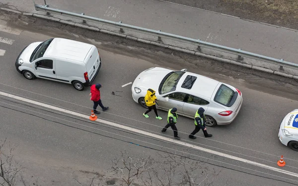 Kyiv Ukraine February 2020 Police Car Arrives Road Car Accident — Stock Photo, Image