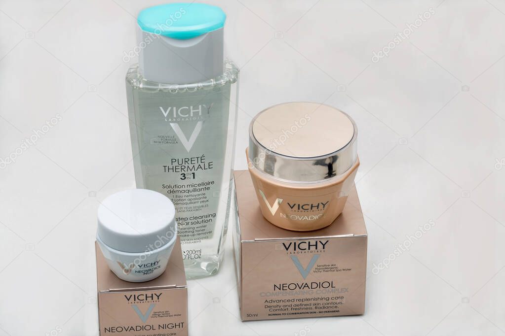 KYIV, UKRAINE - OCTOBER 27, 2019: Vichy laboratoires cosmetics closeup against white background. Vichy is a premium brand of skincare, bodycare, make-up and anti-aging products owned by L'Oreal.