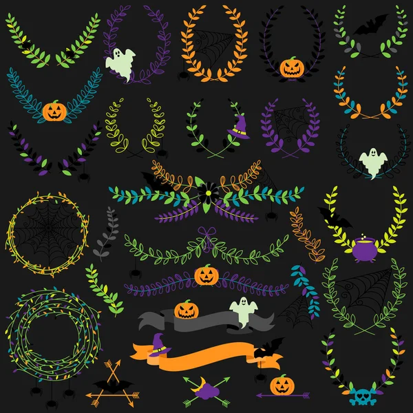 Colección vectorial de espeluznantes laureles de Halloween, coronas y elementos florales — Archivo Imágenes Vectoriales