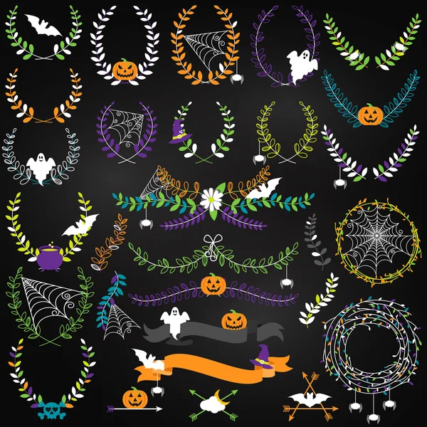 Colección vectorial de espeluznantes laureles de Halloween, coronas y elementos florales — Archivo Imágenes Vectoriales