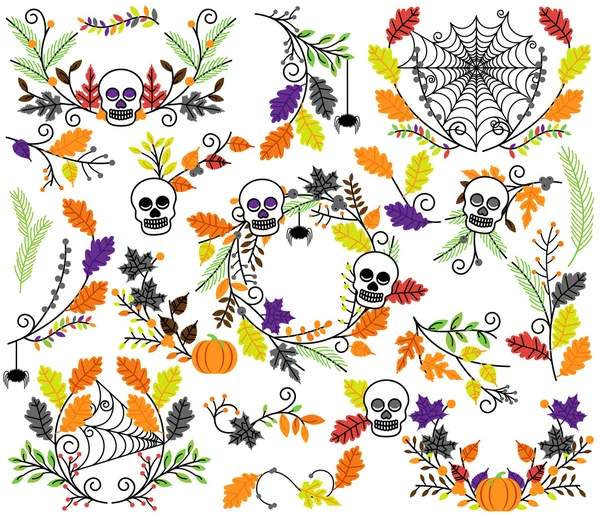 Vektorsammlung von Halloween-Blumen, Lorbeeren und Kränzen — Stockvektor