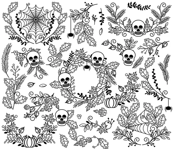 Vector Collection of Halloween Florals, Laurels and Wreaths — Stock Vector