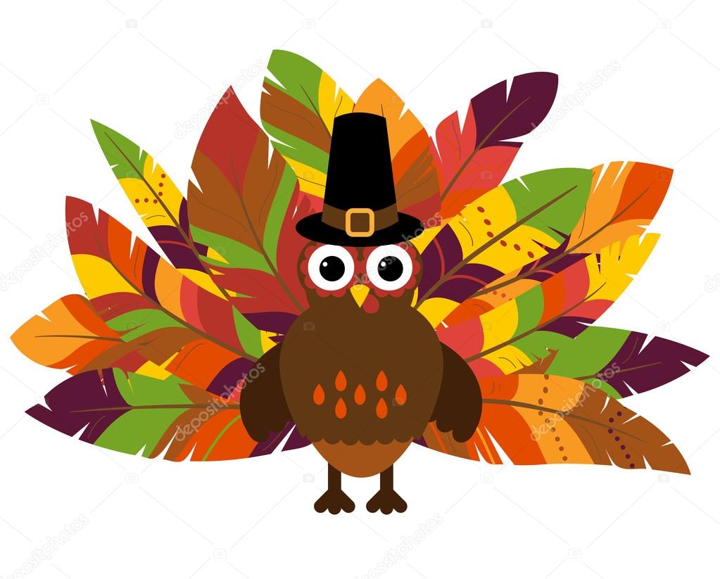 Cute Vector Turkey with Colorful Feathers for Thanksgiving and Fall
