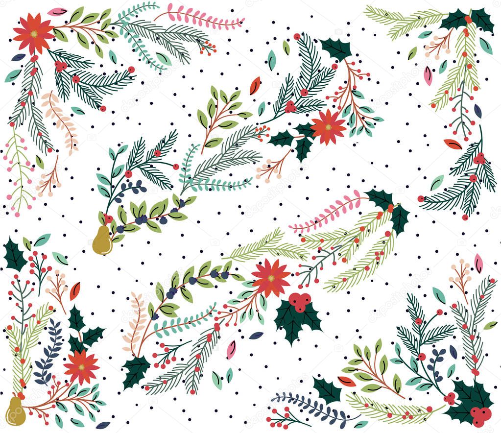 Vector Set of Floral Decorations for Christmas or the Winter Holidays