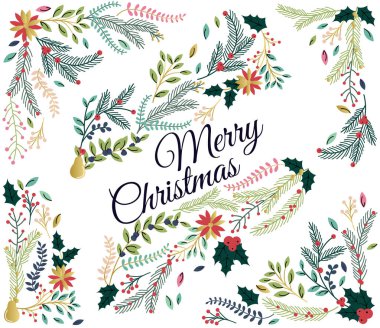 Çiçek süslemeleri Noel veya kış tatilleri için vektör kümesi
