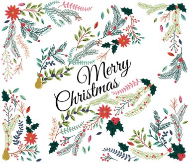 Çiçek süslemeleri Noel veya kış tatilleri için vektör kümesi