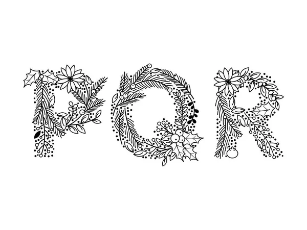 Christmas or Winter Themed Floral Alphabet in Line Art Style - Vector — Stock Vector