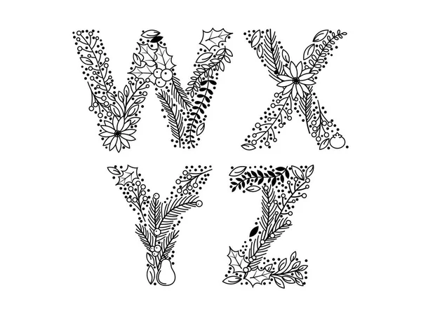 Christmas or Winter Themed Floral Alphabet in Line Art Style - Vector - Stok Vektor