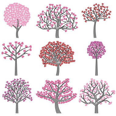 Sevgililer günü ağaç siluetleri ile kalp şeklinde yaprakları - vektör biçimi