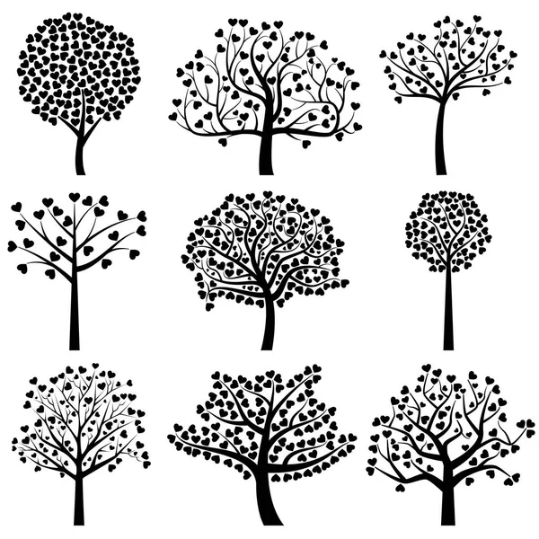 Silhuetas de árvore de dia dos namorados com folhas em forma de coração - Formato vetorial — Vetor de Stock