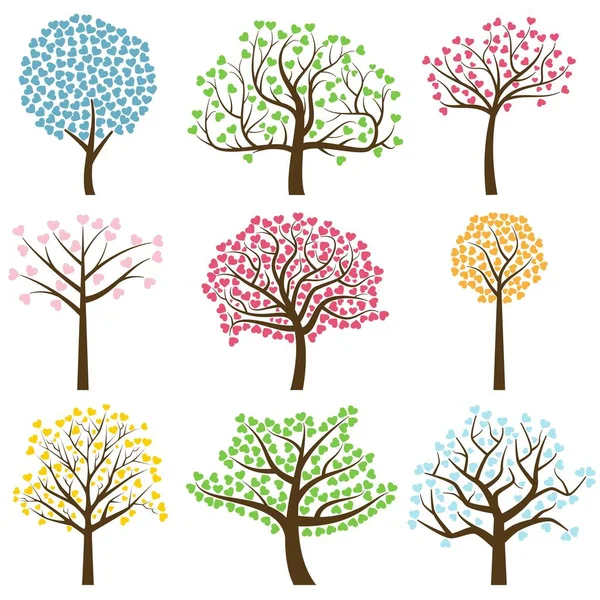 Siluetas de árbol de San Valentín con hojas en forma de corazón - Formato vectorial — Vector de stock