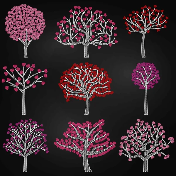 Kreidetafel Valentinstag Baum Silhouetten mit herzförmigen Blättern - Vektorformat — Stockvektor
