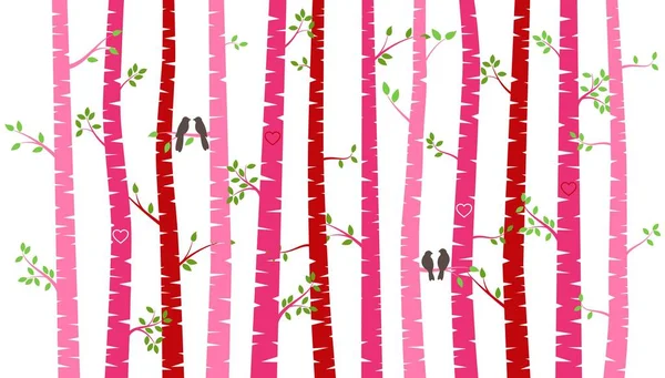 Valentine's Day Birch Tree or Aspen Silhouettes with Lovebirds - Vector Format — Stock Vector