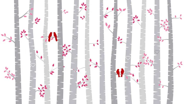 Valentine's Day Birch Tree or Aspen Silhouettes with Lovebirds - Vector Format — Stock Vector