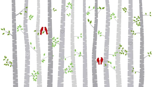バレンタインデーの樺の木や恋人たち - ベクトル形式とアスペン シルエット — ストックベクタ