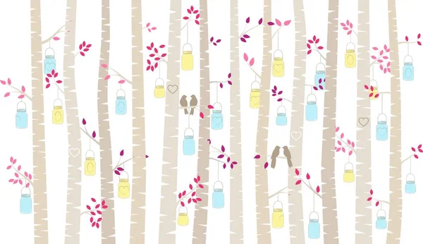 Valentine's Day Birch Tree or Aspen Silhouettes with Lovebirds and Mason Jar Lights - Vector Format — Stock Vector