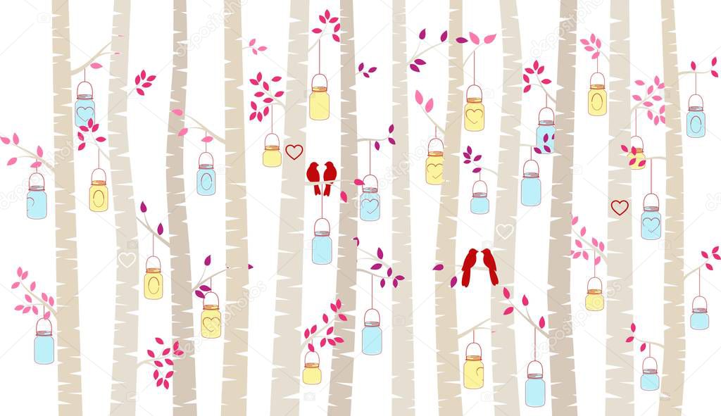 Valentine's Day Birch Tree or Aspen Silhouettes with Lovebirds and Mason Jar Lights - Vector Format