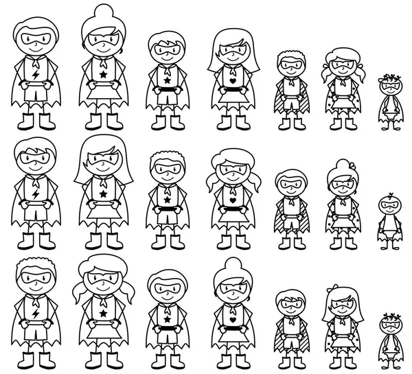 Cute Collection of Diverse Stick Figure Superheroes or Superhero Families - Vector Format — Stock Vector