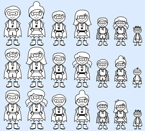 Cute Collection of Diverse Stick Figure Superheroes or Superhero Families - Vector Format — Stock Vector