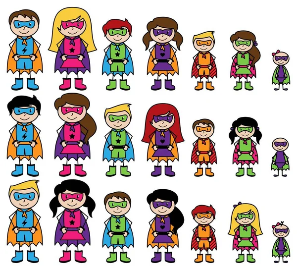 Cute Collection of Diverse Stick Figure Superheroes or Superhero Families - Vector Format — Stock Vector