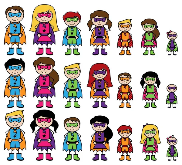 Coleção bonito de Diverse Stick figura super-heróis ou famílias de super-heróis - Formato vetorial —  Vetores de Stock