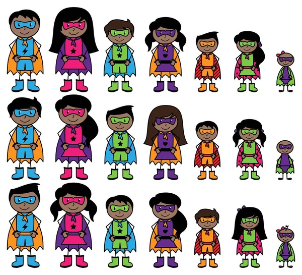 アフリカ系アメリカ人またはヒスパニックのスティック図スーパー ヒーローやスーパー ヒーローの家族 - ベクトル形式のかわいいコレクション — ストックベクタ