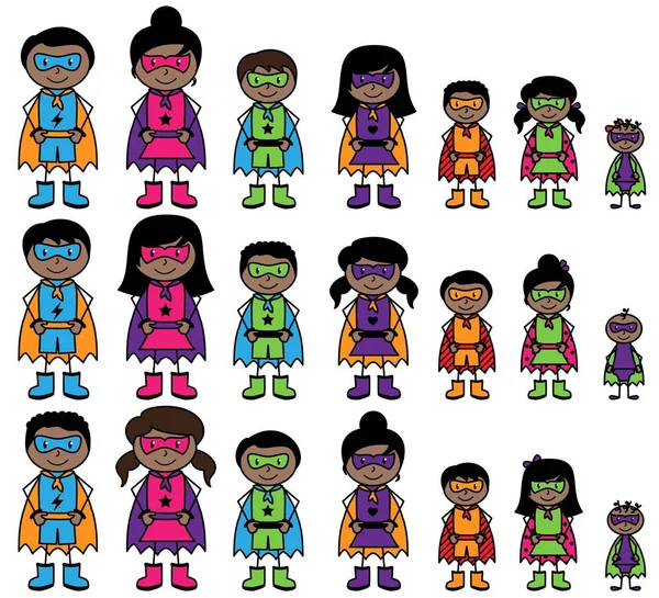 Söt samling av African American eller spansktalande streckfigur superhjältar eller superhjälte familjer - vektorformat — Stock vektor