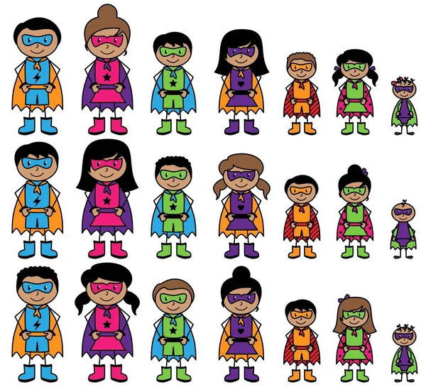 Söt samling av African American eller spansktalande streckfigur superhjältar eller superhjälte familjer - vektorformat — Stock vektor
