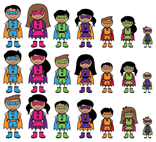 Cute Collection of African American or Hispanic Stick Figurine Superheroes or Superhero Families - Format vectoriel — Image vectorielle