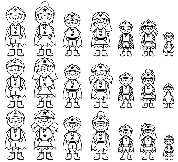 Cute Collection of Diverse Stick Figurine Superhéros ou familles de super-héros - Format vectoriel — Image vectorielle