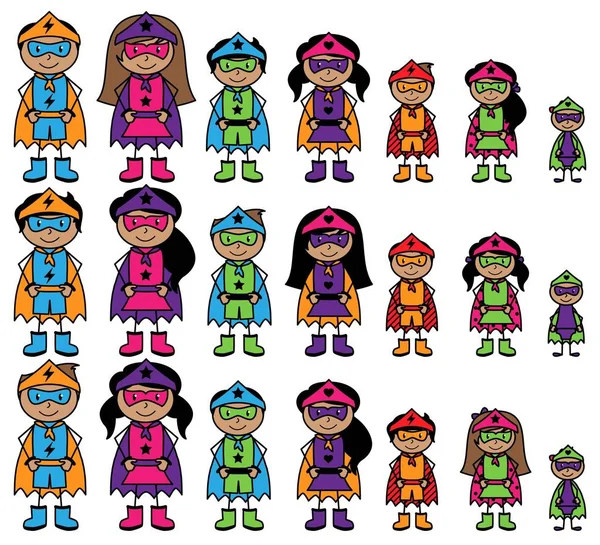 Cute Collection of African American or Hispanic Stick Figure Superheroes or Superhero Families - Vector Format — Stock Vector