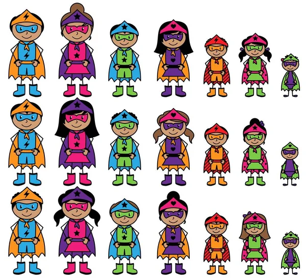 Cute Collection of African American or Hispanic Stick Figure Superheroes or Superhero Families - Vector Format — Stock Vector