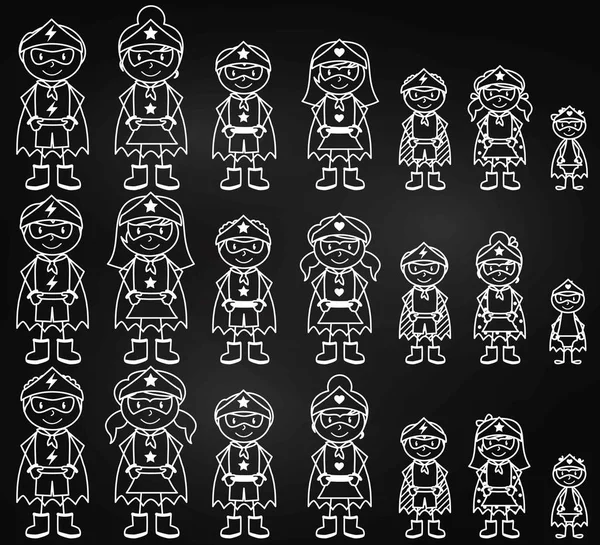 Colección de pizarra de figuras de palos diversos Superhéroes o familias de superhéroes - Formato vectorial — Vector de stock