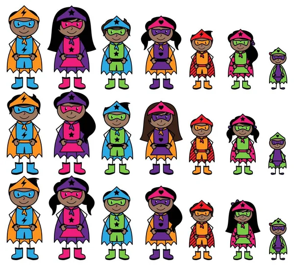 Cute Collection of African American or Hispanic Stick Figure Superheroes or Superhero Families - Vector Format — Stock Vector