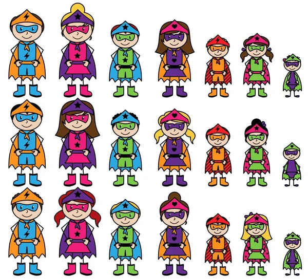 Cute Collection of Diverse Stick Figure Superheroes or Superhero Families - Vector Format — Stock Vector