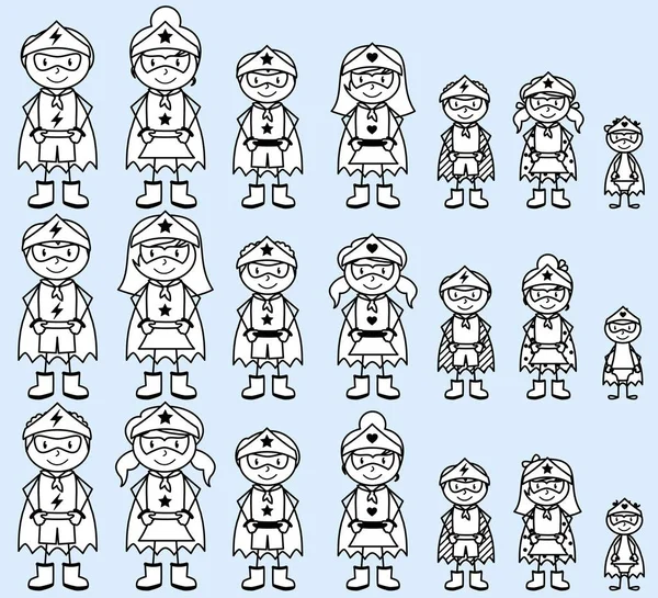Cute Collection of Diverse Stick Figurine Superhéros ou familles de super-héros - Format vectoriel — Image vectorielle