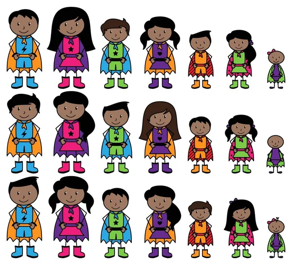 Cute Collection of African American or Hispanic Stick Figurine Superheroes or Superhero Families - Format vectoriel — Image vectorielle