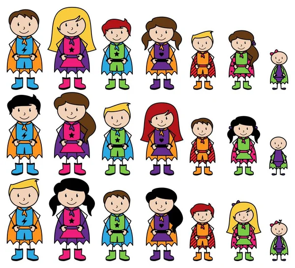 Cute Collection of Diverse Stick Figure Superheroes or Superhero Families - Vector Format — Stock Vector