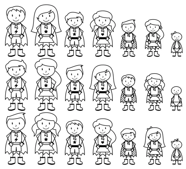 Söt samling av olika Stick Figur superhjältar eller superhjälte familjer - vektorformat — Stock vektor