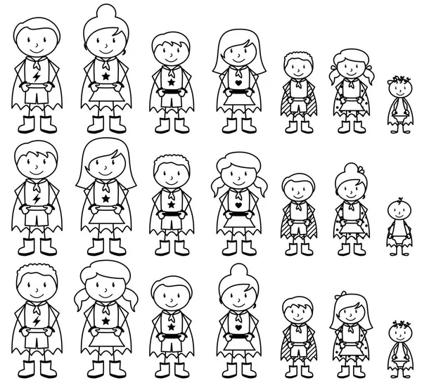 Leuke collectie van uiteenlopende stok figuur superhelden of superheld Families - Vector formaat — Stockvector