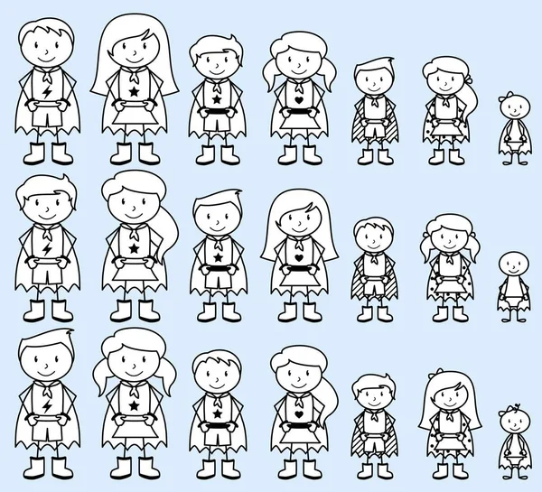 Linda colección de figuras de palos diversos superhéroes o familias de superhéroes - Formato vectorial — Archivo Imágenes Vectoriales