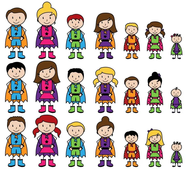 Cute Collection of Diverse Stick Figure Superheroes or Superhero Families - Vector Format — Stock Vector