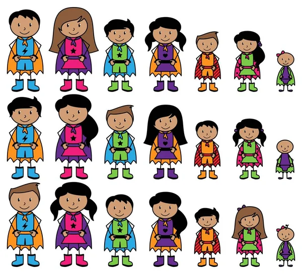 Cute Collection of Hispanic or African American Stick Figure Superheroes or Superhero Families - Vector Format — Stock Vector