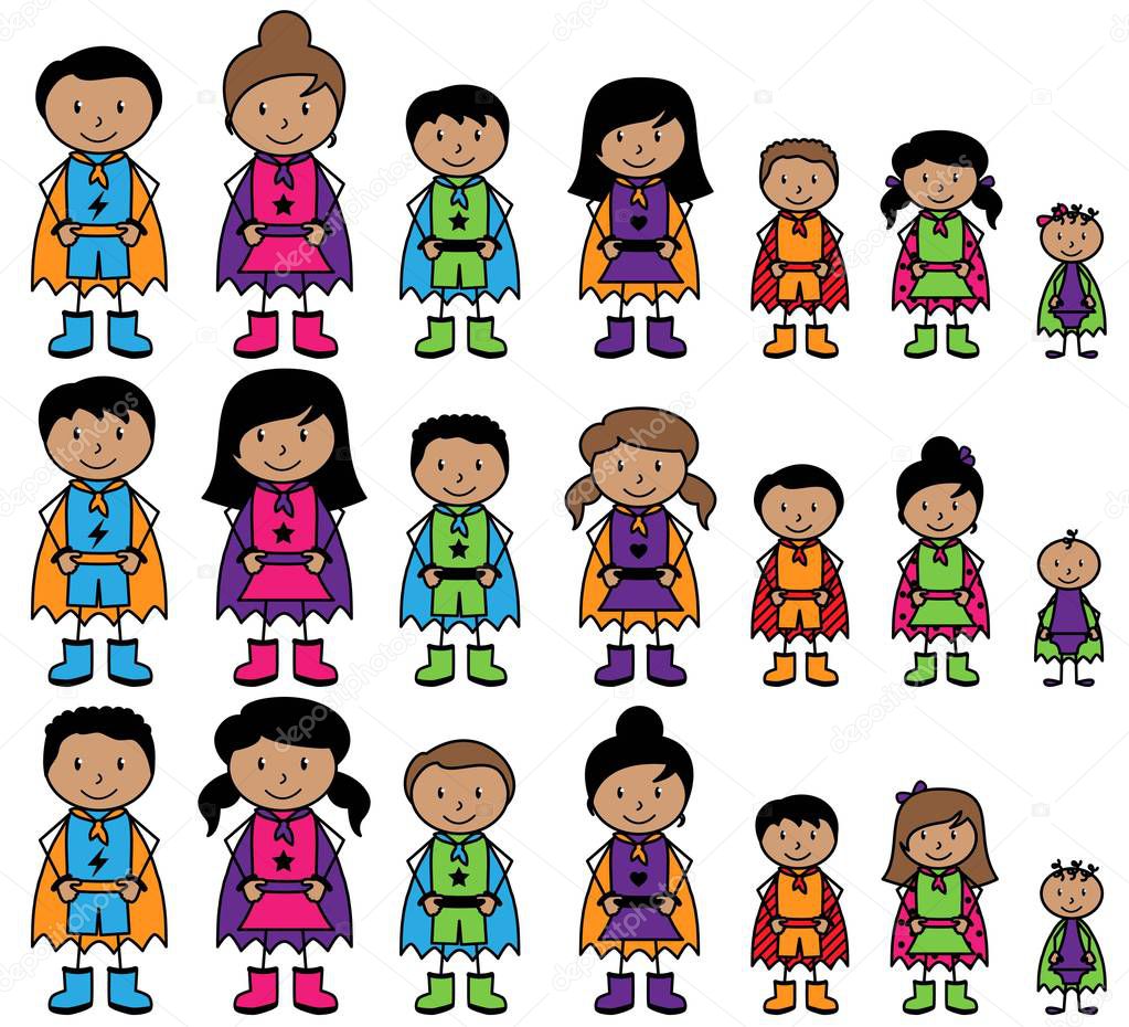 Cute Collection of African American or Hispanic Stick Figure Superheroes or Superhero Families - Vector Format